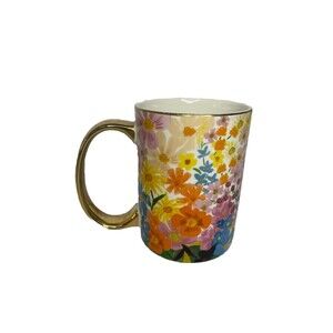 Rifle Paper Co. Anthropologie Floral Ceramic Coffee Mug w/ Gold Painted Handle